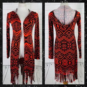 Free Kisses Orange & Black Aztec Fringe Hooded Open Front Cardigan Duster - M
